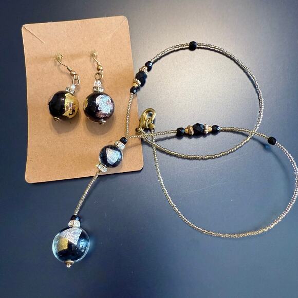 Murano Glass Black Silver Gold Foil Beaded Earrings Necklace - Picture 4 of 9